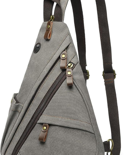 Vintage Canvas Sling Bag with Genuine Leather Zipper, 3 in 1 Crossbody, Backpack, and Chest Bag, for Travel, Hiking, 16x10x6 Inches, Gray