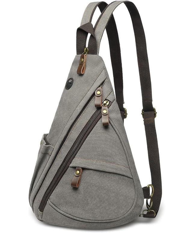 Vintage Canvas Sling Bag with Genuine Leather Zipper, 3 in 1 Crossbody, Backpack, and Chest Bag, for Travel, Hiking, 16x10x6 Inches, Gray