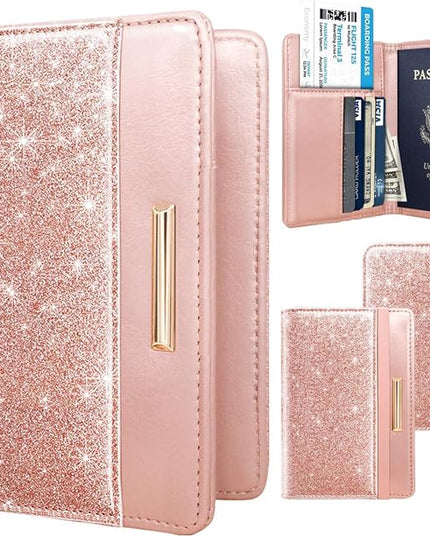 Passport Holder Cover Travel RFID Blocking Passport Cover Rose Gold Cute Flowers Passport Wallet with Elastic Band for Women