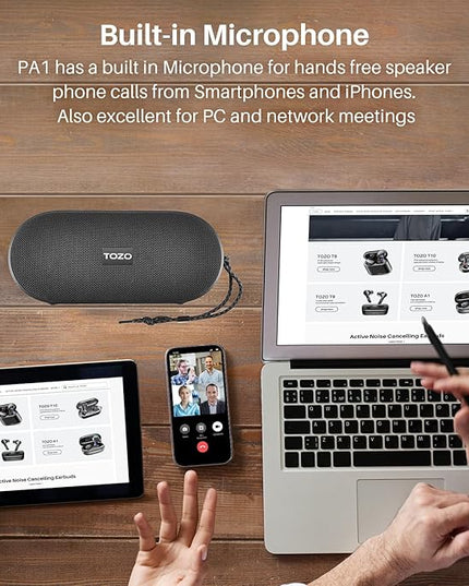 TOZO PA1 Bluetooth Speaker Built-in Microphone Stereo Sound, 25H Playtime, IPX7 Waterproof Shower Speaker, Portable Wireless Speaker with EQ Mode, APP Control, Dual Pairing for Home, Travel, Black