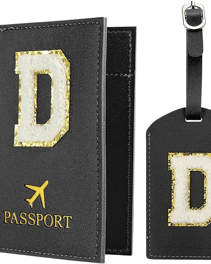 PATIKIL Passport Holder for Travel, Initial Passport Cover and Luggage Tag Set with Alphabet Chenille Letter Patch Travel Wallet Bag Suitcase Identifier for Women Family Travel Black D