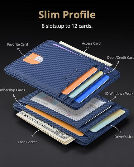 Buffway Slim Minimalist Front Pocket RFID Blocking Leather Wallets for Men and Women - Carbon Fiber Blue