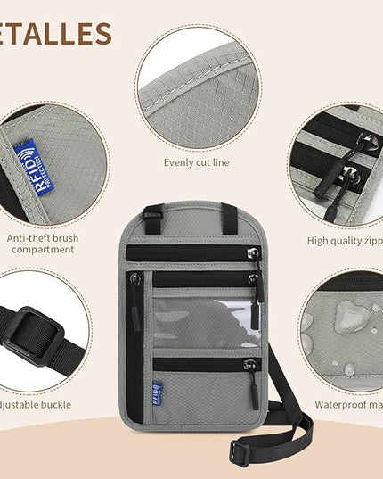 Passport Holder for Travel, RFID Travel Pouch Neck Wallet, Waterproof Passport Wallet for Women and Men, Gray