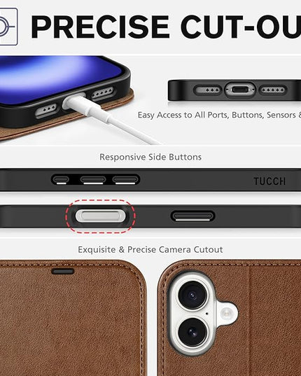 TUCCH Wallet Case Compatible with iPhone 16 5G (6.1", 2024 Release) – Brown, PU Leather [Shockproof TPU Interior Case] [Kickstand] Magnetic Protective Flip Cover with [RFID Blocking] [4 Card Holder]