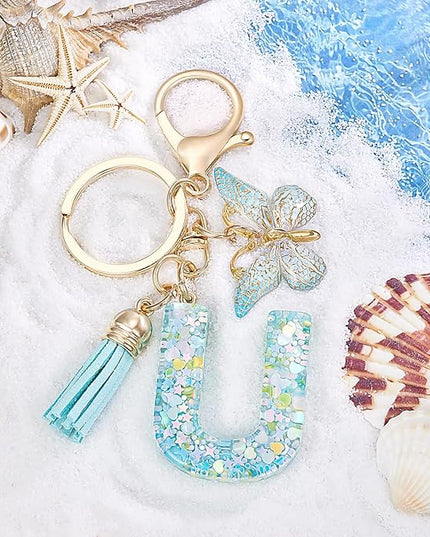 Fashion Alphabet Initial Letter Keychain Tassel Butterfly Pendant Key Ring for Purse Handbags Women Girl