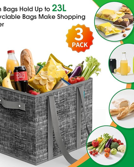 Fab totes Reusable Grocery Bags, Large Foldable Shopping Tote Bags with Reinforced Handles & Hard Bottom,3 Pack,Black