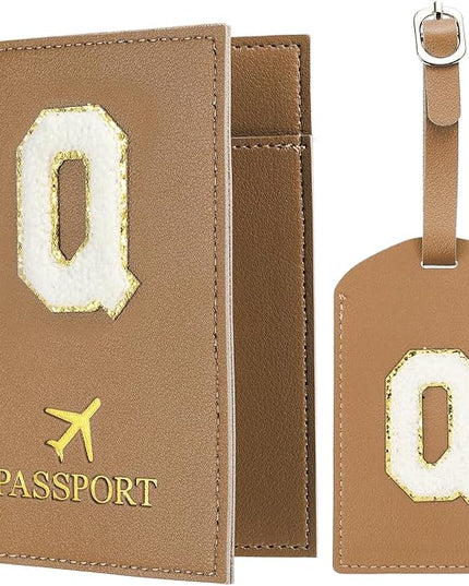 PATIKIL Passport Holder for Travel, Initial Passport Cover and Luggage Tag Set with Alphabet Chenille Letter Patch Travel Wallet Bag Suitcase Identifier for Women Family Travel Brown Q