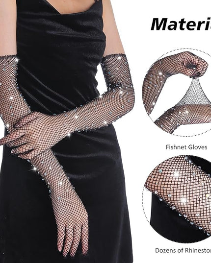 Women Rhinestone Fishnet Long Gloves Mesh Sparkly Glitter Fashion Opera Gloves For Party Halloween Costumes Accessories