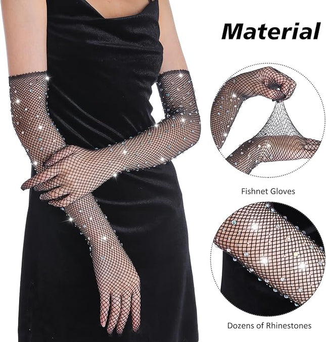 Women Rhinestone Fishnet Long Gloves Mesh Sparkly Glitter Fashion Opera Gloves For Party Halloween Costumes Accessories