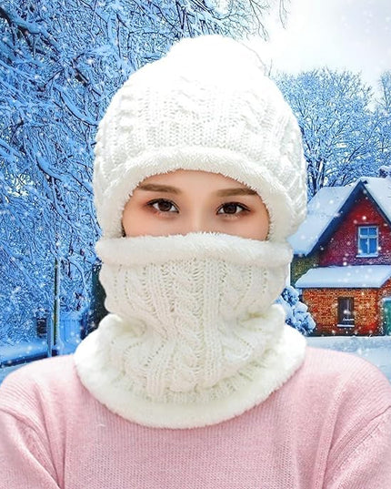 HUAMULAN Women Winter Beanie Hats One Piece Fleece Lined Knit Balaclavas Mask Set Skull Neck Circle Scarf Ski Snow Hat Pompom