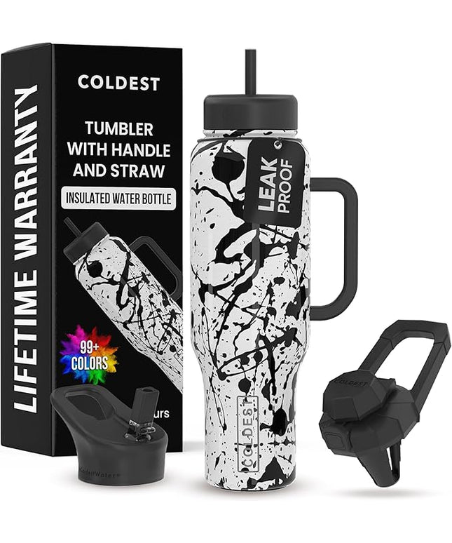 Coldest Tumbler with Handle and Straw - 100% Leak Proof Insulated Tumbler with Lid and Straw (3 Lids) - Stainless Steel Tumblers for Women & Men - Cup Holder Friendly Base, 46 oz (Dark Matter)