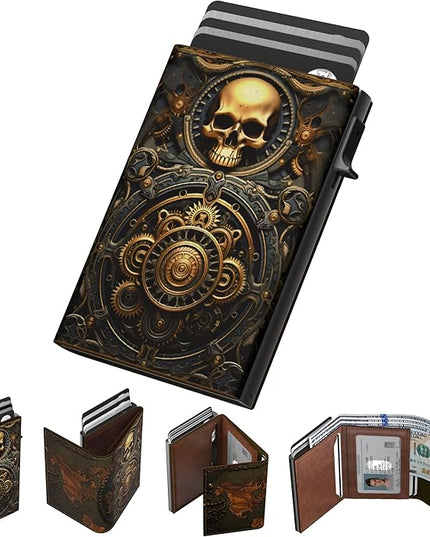typecase Mens Wallet Card Holder: Pop Up Aluminum Case, Carbon Fiber Leather, Smart, RFID Blocking, Slim, Minimalist, Front Pocket - 9-14 Card Capacity | ID Window | Cash Slot (Skull)