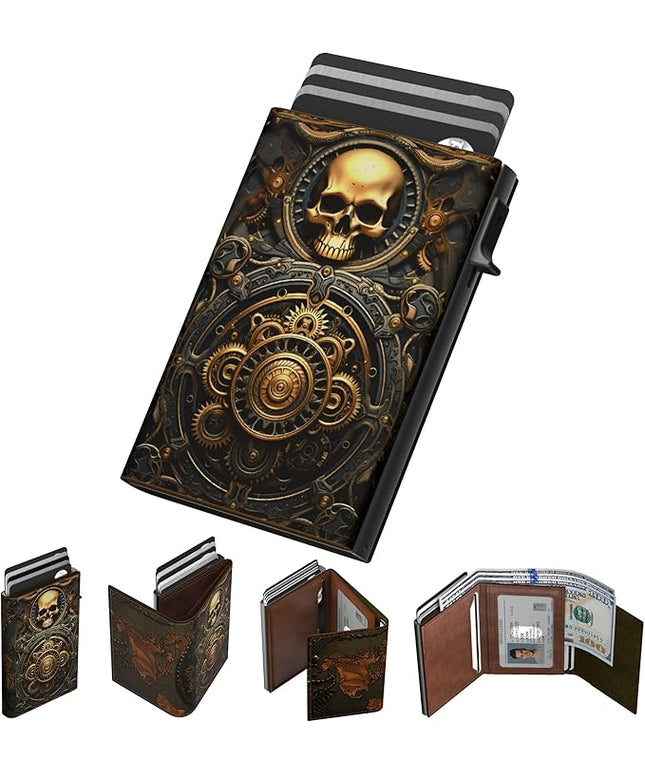 typecase Mens Wallet Card Holder: Pop Up Aluminum Case, Carbon Fiber Leather, Smart, RFID Blocking, Slim, Minimalist, Front Pocket - 9-14 Card Capacity | ID Window | Cash Slot (Skull)