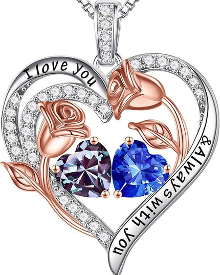 Iefil Christmas Gifts for Women Wife - 925 Sterling Silver Rose Heart Birthstone Necklace Birthday Anniversary Jewelry Gifts for Her Wife Mom Daughter