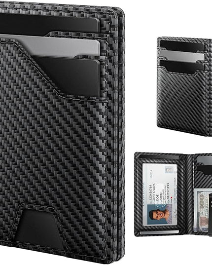 typecase Leather Wallet for Men Card Holder: Premium Genuine Leather, RFID Blocking, Slim, Minimalist, Front Pocket - 15 Cards Capacity | ID Window | Money Clip (Carbon Fiber)