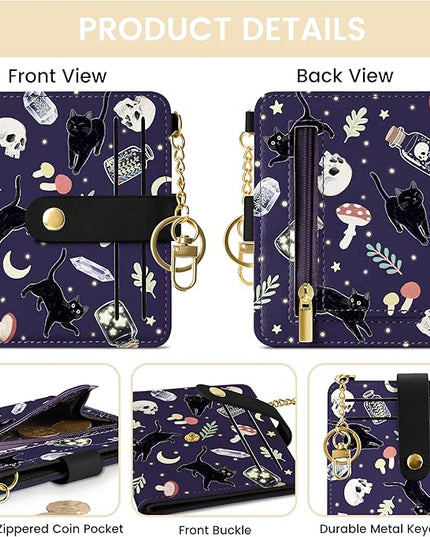 Sodsay Small Slim Wallet Women RFID Blocking, PU Leather Bifold Ladies Wallet with Zipper Coin Pocket, Thin Cute Travel Card Wallets for Girls, Black Cat Gothic