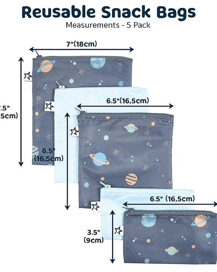 Tiny Twinkle 5 Pack Reusable Snack Bags - Machine Washable, PFAS, PVC, BPA, Phthalate-Free Reusable Baby and Toddler Food Safe Snack Bags (Space)