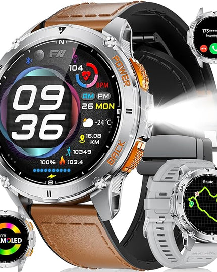 LIGE GPS Smart Watch for Men, 1.43" AMOLED/LED Flashlight/Compass Smartwatch, IP68 Waterproof/Swim Mode/Pedometer/100+ Sports Mode Fitness Tracker, Military Smart Watches for Android iOS Compatible