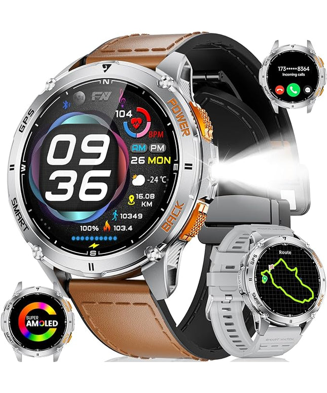 LIGE GPS Smart Watch for Men, 1.43" AMOLED/LED Flashlight/Compass Smartwatch, IP68 Waterproof/Swim Mode/Pedometer/100+ Sports Mode Fitness Tracker, Military Smart Watches for Android iOS Compatible