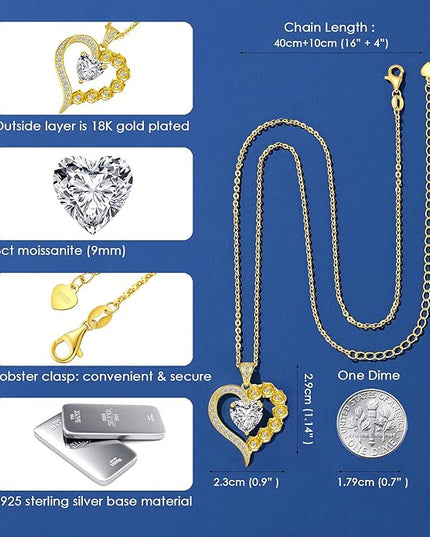 Beam & Bask 2-3 Carat Moissanite Rose Flower Heart Necklace for Her, Sterling Silver Plated with 18K Gold, Birthday, Wedding, Anniversary Pendant Jewelry for Girlfriend, Wife, Bride, Soulmate