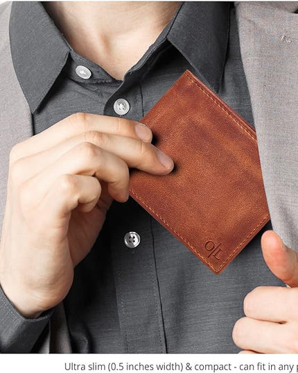 Oak Leathers Slim Leather Wallet for Men - RFID Blocking Slim Minimalist Front Pocket - Thin & Stylish with ID Window, Gift For Men (Vintage Tan)