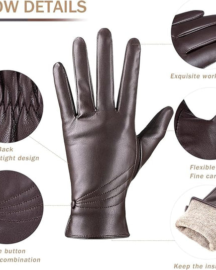 Winter Leather Gloves for Women, Warm Touchscreen Driving Texting Cashmere Lined Gloves…