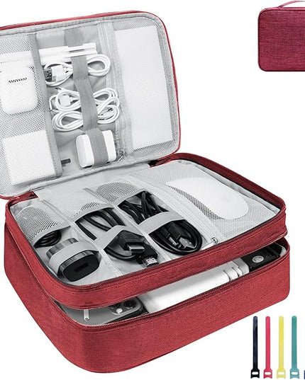 Electronics Travel Organizer, Large Double Layer Portable Waterproof Travel Organizer Bag for Charging Cable Storage, Ipad, Power Bank, Hard Drive etc, for Travel, Business ,5pcs Cable
