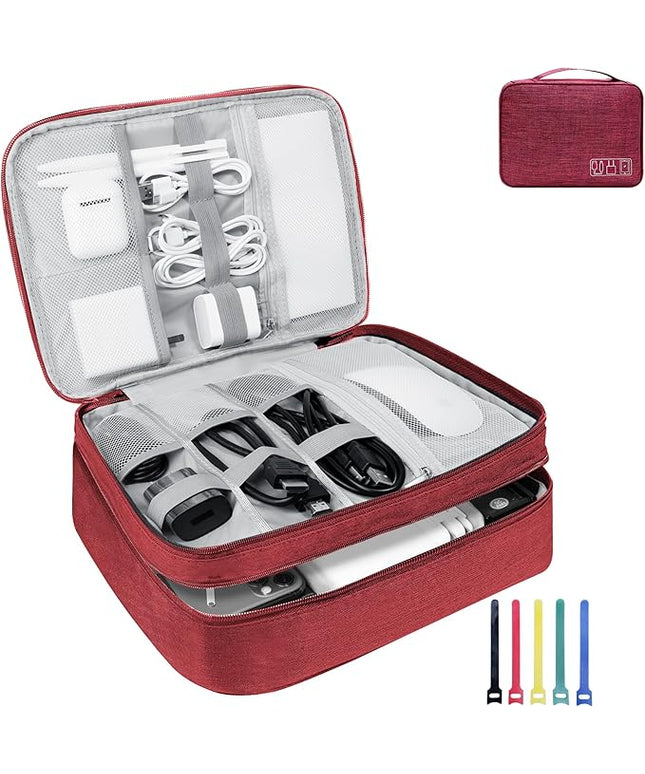 Electronics Travel Organizer, Large Double Layer Portable Waterproof Travel Organizer Bag for Charging Cable Storage, Ipad, Power Bank, Hard Drive etc, for Travel, Business ,5pcs Cable