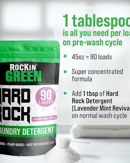Rockin' Green Hard Rock Laundry Detergent for Hard Water (90 Loads), Plant based, Natural Laundry Detergent Powder, Biodegradable Odor Fighter, Safe for Sensitive Skin, 45 oz (Lavender Mint Revival)