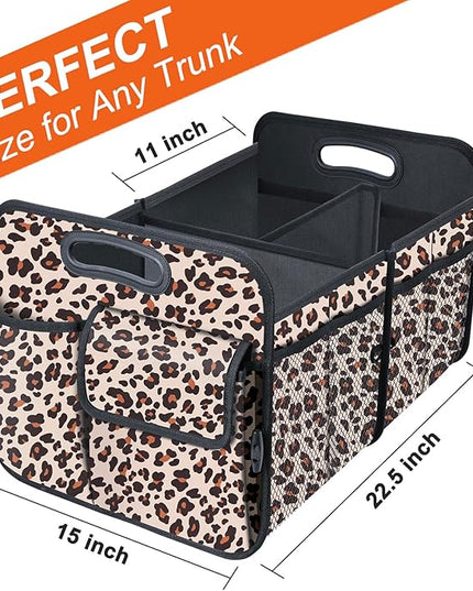 Trunk Organizer, Collapsible Trunk Organizers and Storage, Car Accessories for Women and Men, Multi-Compartment Trunk Storage Organizer for SUV, Car, Mini-Van, Leopard Print