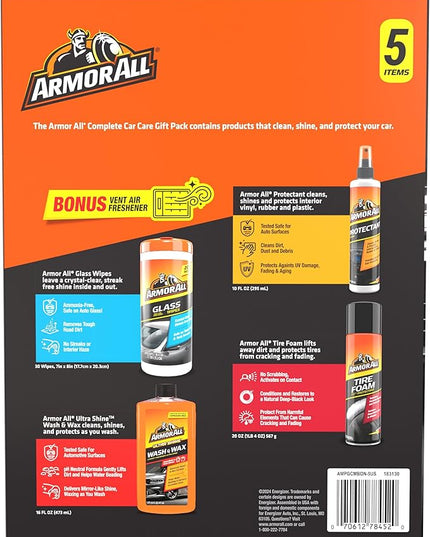 Armor All Car Wash and Car Cleaner Kit by Armor All, Includes Glass Wipes, Car Wash & Wax Concentrate, Protectant Spray and Tire Foam