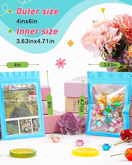 Funfery 300 Pack Smell Proof Resealable Bags for Food Storage,Holographic Bags 4x6 Blue Mylar Clear Packaging Bag- Scent Proof for Cookies, Zip Foil Pouch for Small Business