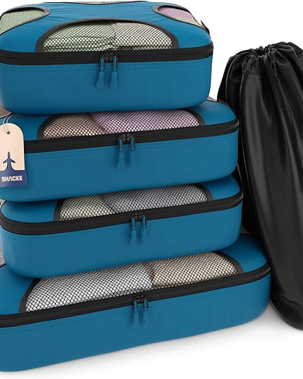 Shacke Premium 5 Packing Cubes Set - Lightweight Mesh Travel Luggage Organizers with Laundry Bag, 5-Piece Suitcase Storage System (Gentlemen's Blue)