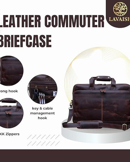 Handmade Full-Grain Leather Briefcase for Men & Women–17" Laptop Bag with Computer Compartment Office Satchel Bag