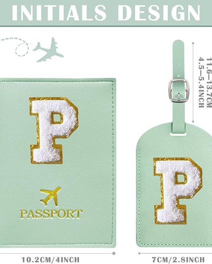 COSHAYSOO Green Passport Cover and Initial Luggage Tag Set TSA Approved with Preppy Chenille Letter Patch, Trendy Traveling Bag Backpack Suitcase Identifier Stocking Stuffer Gifts for Women Girls (P)