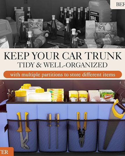 HOTOR Large-Capacity Trunk Organizer - Foldable for SUVs & Sedans, Sturdy Organization for Car Accessories, Tools, Sundries, Blue, 2 Compartments, US11032 | Foldable, Sturdy Organization, for Car Accessories, Tools, Sundries, US11032
