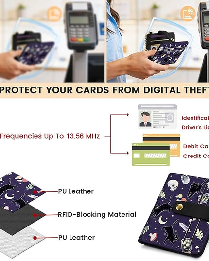 Sodsay Small Slim Wallet Women RFID Blocking, PU Leather Bifold Ladies Wallet with Zipper Coin Pocket, Thin Cute Travel Card Wallets for Girls, Black Cat Gothic