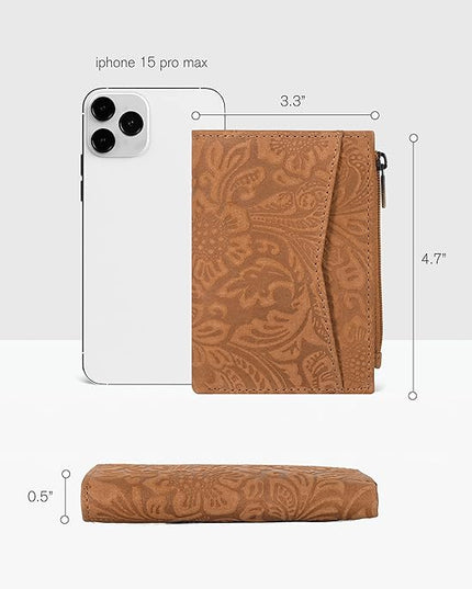 Oak Leathers Leather Wallet For Women - Small RFID Coin Purse Credit Card & ID Holder for Ladies, Gift for Women's, Bifold Wallets (Crazy Horse Cognac Flower)