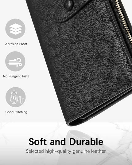 BOSTANTEN Womens Leather Wallets RFID Blocking Large Capacity Trifold Card Holder Ladies Phone Clutch Grey Black