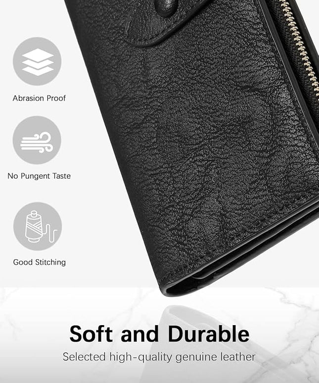 BOSTANTEN Womens Leather Wallets RFID Blocking Large Capacity Trifold Card Holder Ladies Phone Clutch Grey Black