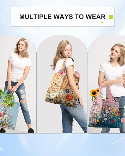 BeeGreen Flower Reusable Shopping Bags Cute Grocery Bag 6 Pack, Christmas Gift Bags Heavy-Duty Foldable Shopping Totes for Supermarket, Work & Travel, Large Washable Polyester Tote Bag with Handles