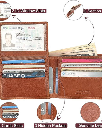 BOTANNER Mens Genuine Leather Flip ID Wallet RFID Blocking 8 Credit Card Slots 2 ID Windows 2 Sections for Bills 3 Hidden Pockets | Tan