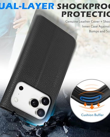 SHIELDON Real Leather Wallet Case for iPhone 17 Pro 6.3 Inch 5G 2025 | Magnetic Cover | RFID Blocking Card Slots | Kickstand | Folio Protective Phone Shell | Women Men | Pebbled Black