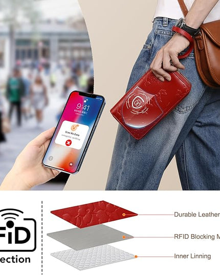 yiijay Womens Wallet RFID Blocking Large Capacity Leather Double Zip Wristlet Wallet Credit Card Phone Holder Ladies Clutch Purse Flora