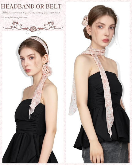 Chiffon Scarf for Women, Removable Flower Neck Scarf Light Soft Fashion Rose Scarves Versatile Headband or Hair Band