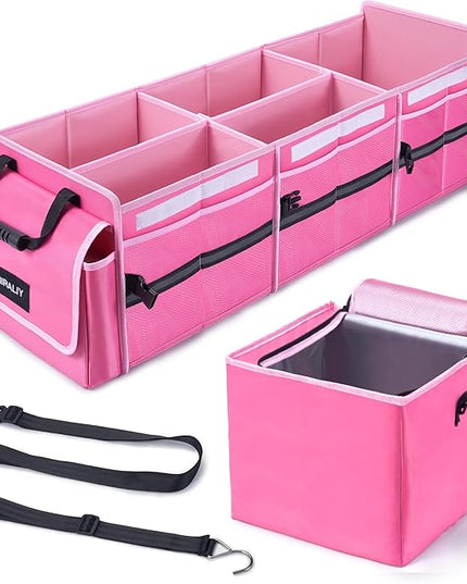 HIRALIY 4 in 1 Car Trunk Storage Organizer with Leakproof Cooler Bag, Multi-Compartment Foldable Trunk Storage Box for Car Truck SUV