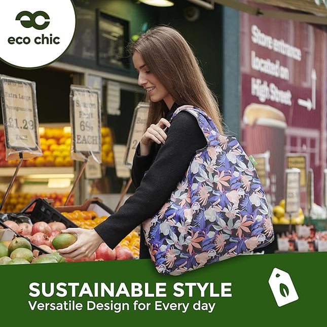 ECO CHIC Foldable Reusable Large Recycled Grocery Bags Lightweight Shopping Tote Bags with Storage Pouch - Collection of 4 bags