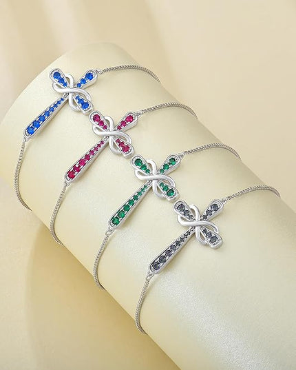 YL Cross Bracelet 925 Sterling Silver Infinity Sideways Link Bracelet Birthstone Jewelry for Women