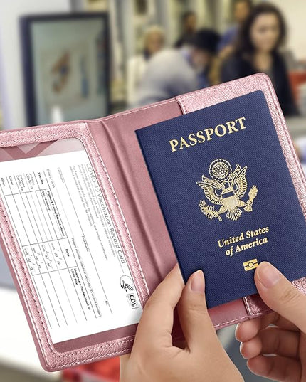 Passport and Vaccine Card Holder Combo, Passport Cover with Vaccine Card Slot, Wallet, Passport Case Holder for Women and Men（AE-Rose gold