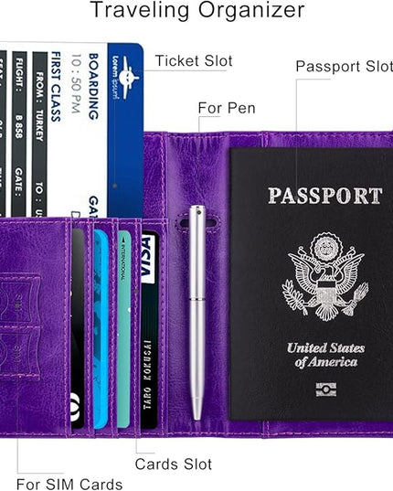 WALNEW Passport Holder for Travel, RFID Passport Cover Wallet for Women Men, PU Leather Passport Book Card Holder Case with Pen (Elastic Band Closure, A-Purple)